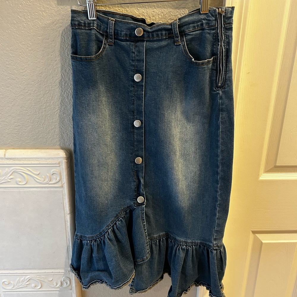 Hayden Asymmetrical Denim Skirt with Ruffle Hem